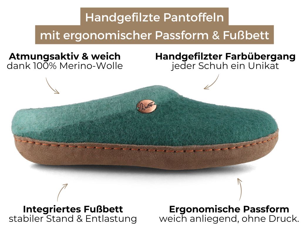 Sherpa Filzpantoffeln mit Fußbett & Ledersohle, grün
