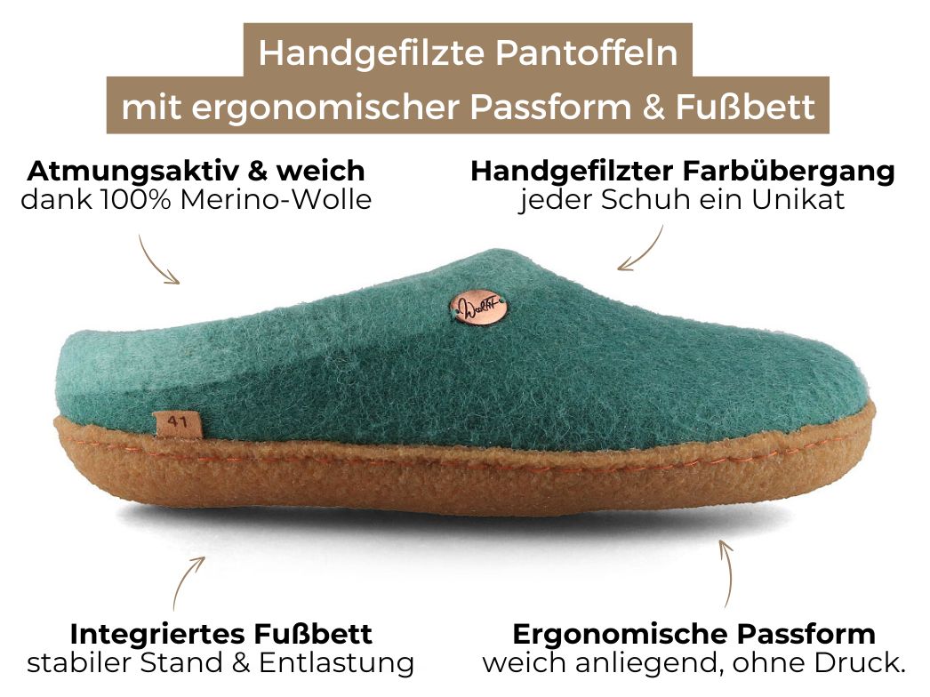 Sherpa Filzpantoffeln mit Fußbett & Naturgummisohle, grün