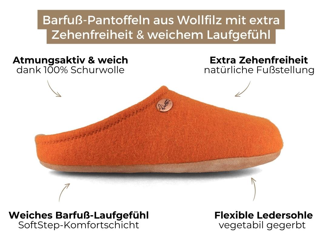 Barefoot Filzpantoffeln mit viel Zehenfreiheit, orange
