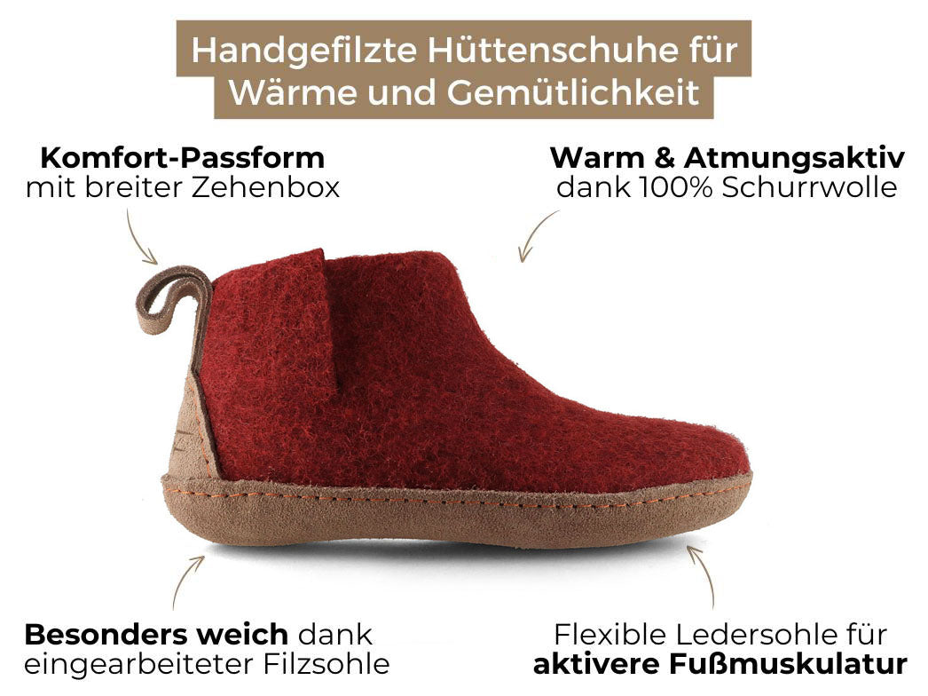 Hüttenschuhe mit Ledersohle Yeti, dunkelrot