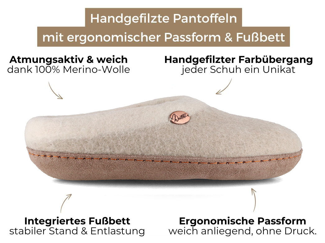 Sherpa Filzpantoffeln mit Fußbett & Ledersohle, oatmeal