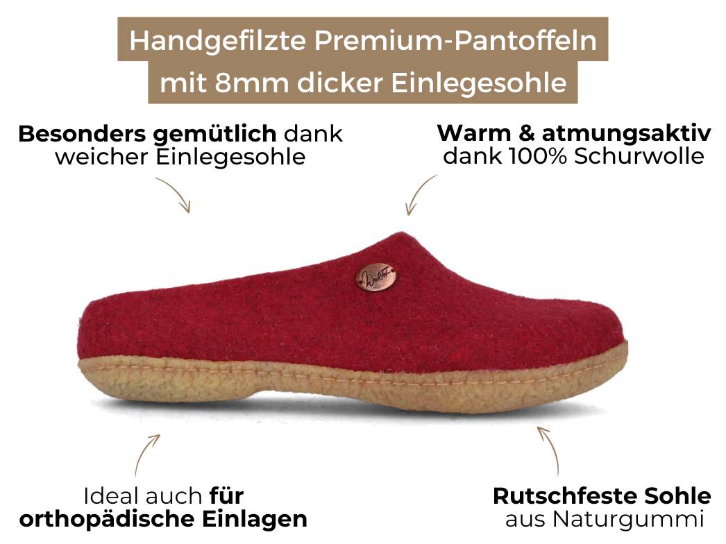 Filzpantoffeln mit Einlagen & Gummisohle Classic, dunkelrot