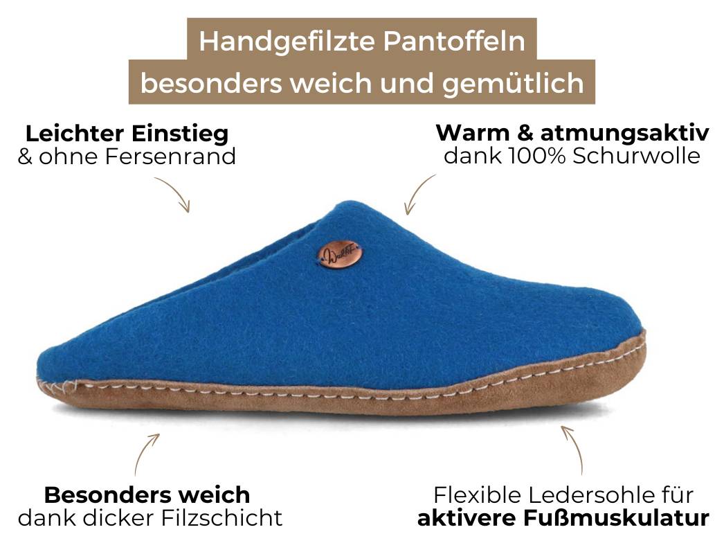 Offene Filzpantoffeln ohne Fersenrand Tibet, blau