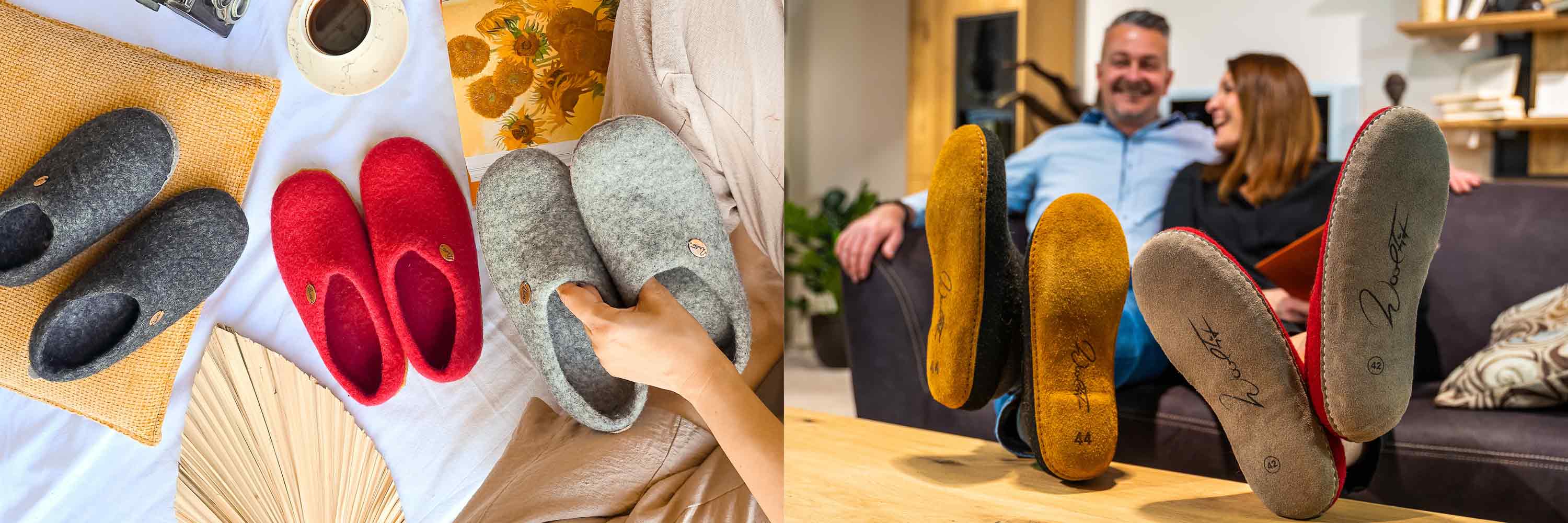 WoolFit Hausschuhe Startseitenbanner Hausschuhe auf einer Decke in gemütlichem Setting. Rechts sieht man 2 glückliche Personen auf dem Sofa mit Hausschuhe und 