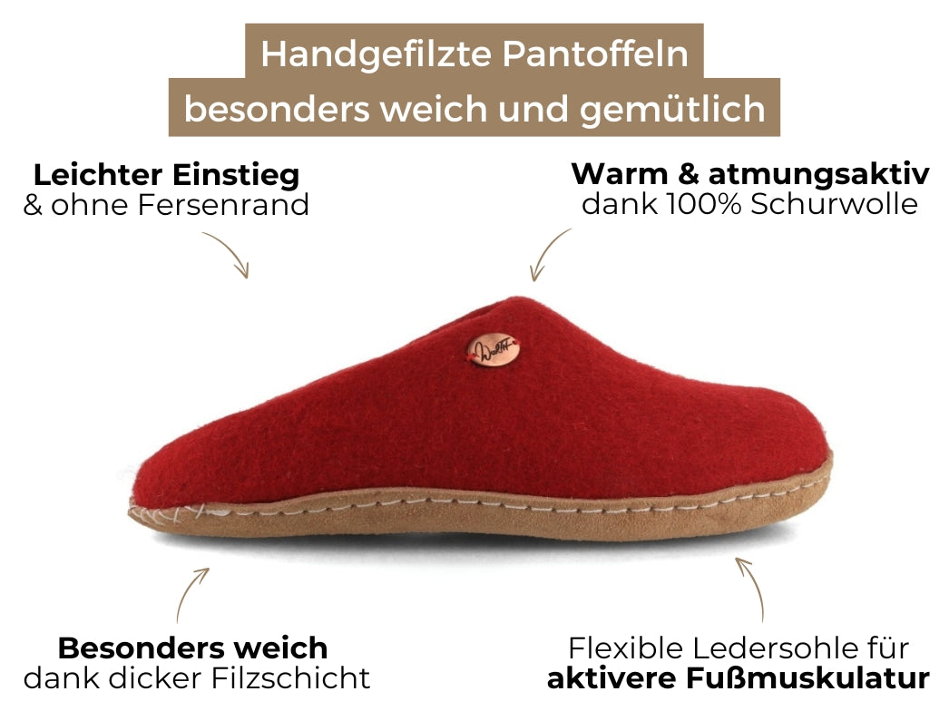 Offene Filzpantoffeln ohne Fersenrand Tibet, dunkelrot