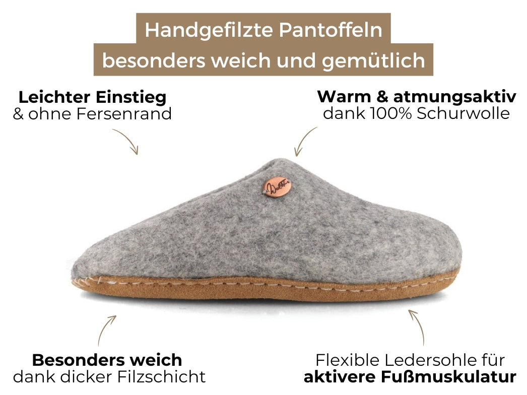 Offene Filzpantoffeln ohne Fersenrand Tibet, steingrau