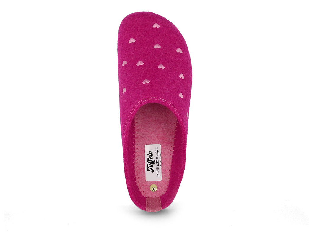 Tuffeln Herzchen vegane Filzpantoffeln, fuchsia